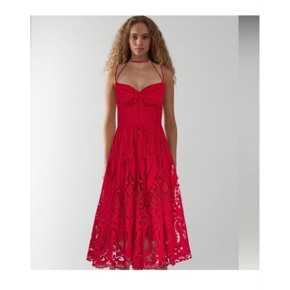 Anthropologie Delfi Collective Rose Dress Red Lace Midi Dress XS